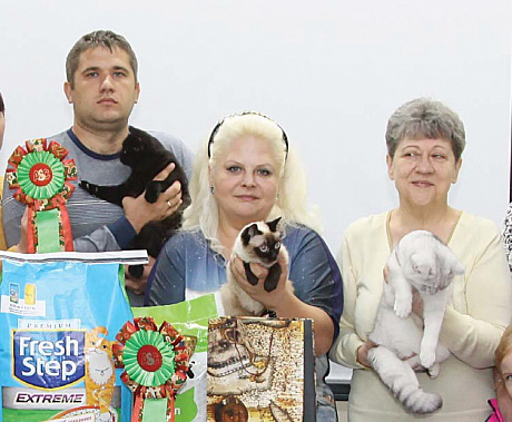Елена Красниченко (в центре) держит на руках обладательницу высшей награды выставки – кошку Elis KUTS. Наши читетели знают ее под именем Бусинка.