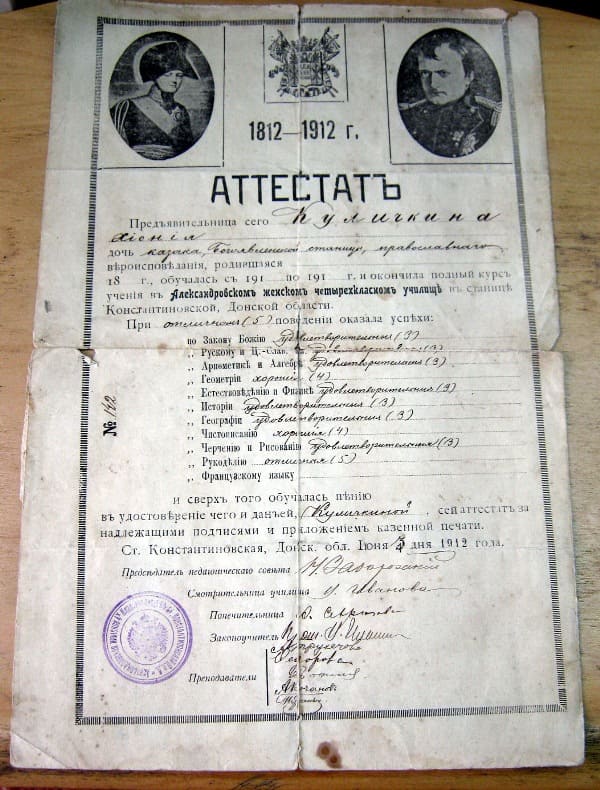 Аттестат зрелости 1912 года. Аттестат зрелости 1912 года.