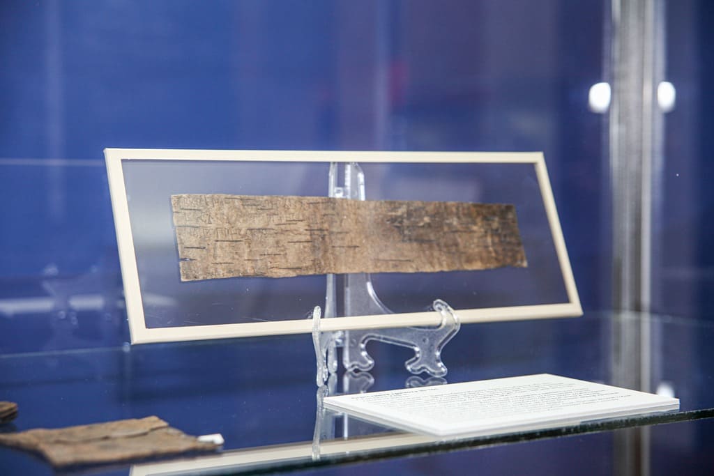 Берестяные сокровища на выставке защищены стеклянными экранами