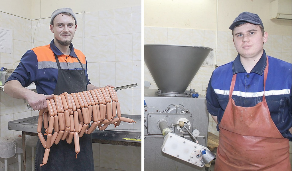 Эдуард ДОЛИНЧУК (слева) работает на предприятии три года, Сергей МОКРИНСКИЙ – уже семь. Он – заместитель технолога, специалист по приготовлению фарша. Сейчас они готовят к отправке в печь – немного подкоптить – любимые многими сосиски.