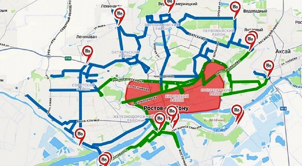 Грузовой каркас Ростова. Зеленым отмечены участки улиц грузового каркаса, реализованных в 2024 году, синим — планируемые участки улиц грузового каркаса, движение грузовых автомобилей не запрещено, красным — зона запрета транзитного движения. Источник: «Ян