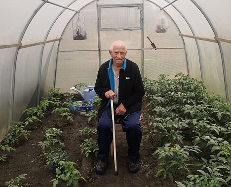 95-летний ветеран Великой Отечественной Сергей Мефодиевич Панцырный в своем любимом месте - в теплице.  