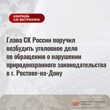 Александр Бастрыкин поручил возбудить уголовное дело по обращению о нарушении природоохранного законодательства в Ростове-на-Дону