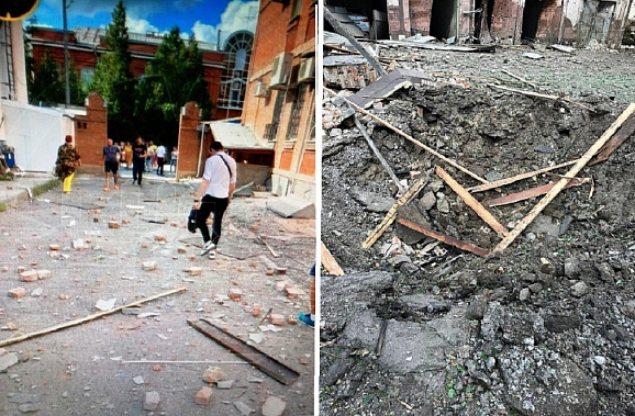 Во дворе таганрогского Художественного музея вскоре после падения обломков ракеты. Источники фото: телеграм-каналы губернатора Ростовской области и Shot.