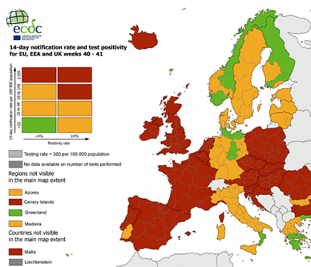 Еврокомиссия представила единую санитарную карту Евросоюза. Красным цветом помечены страны, где приходится более 150 случаев COVID-19 на 100 тысяч жителей.
