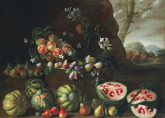 Арбуз XVII века на картине «Арбузы, персики, груши и другие фрукты в пейзаже» Джованни Станки