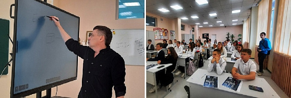 Открытый урок по физике ведет Андрей Скляров. Источник фото: Управление информации и общественных связей РоАЭС..