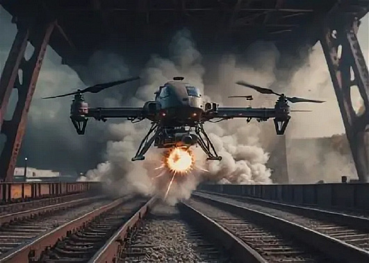 Дрон атакует железную дорогу. Источник фото: donetskmedia.ru.